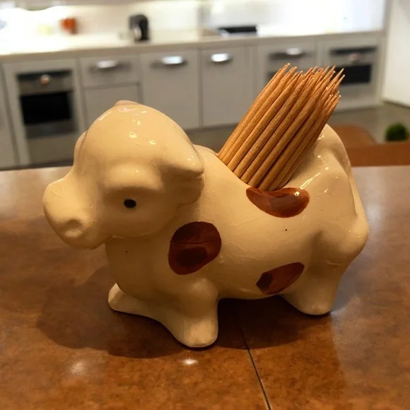 Vintage toothpick holder cute white cow with brown spots. New, never used. - Picture 2 of 7